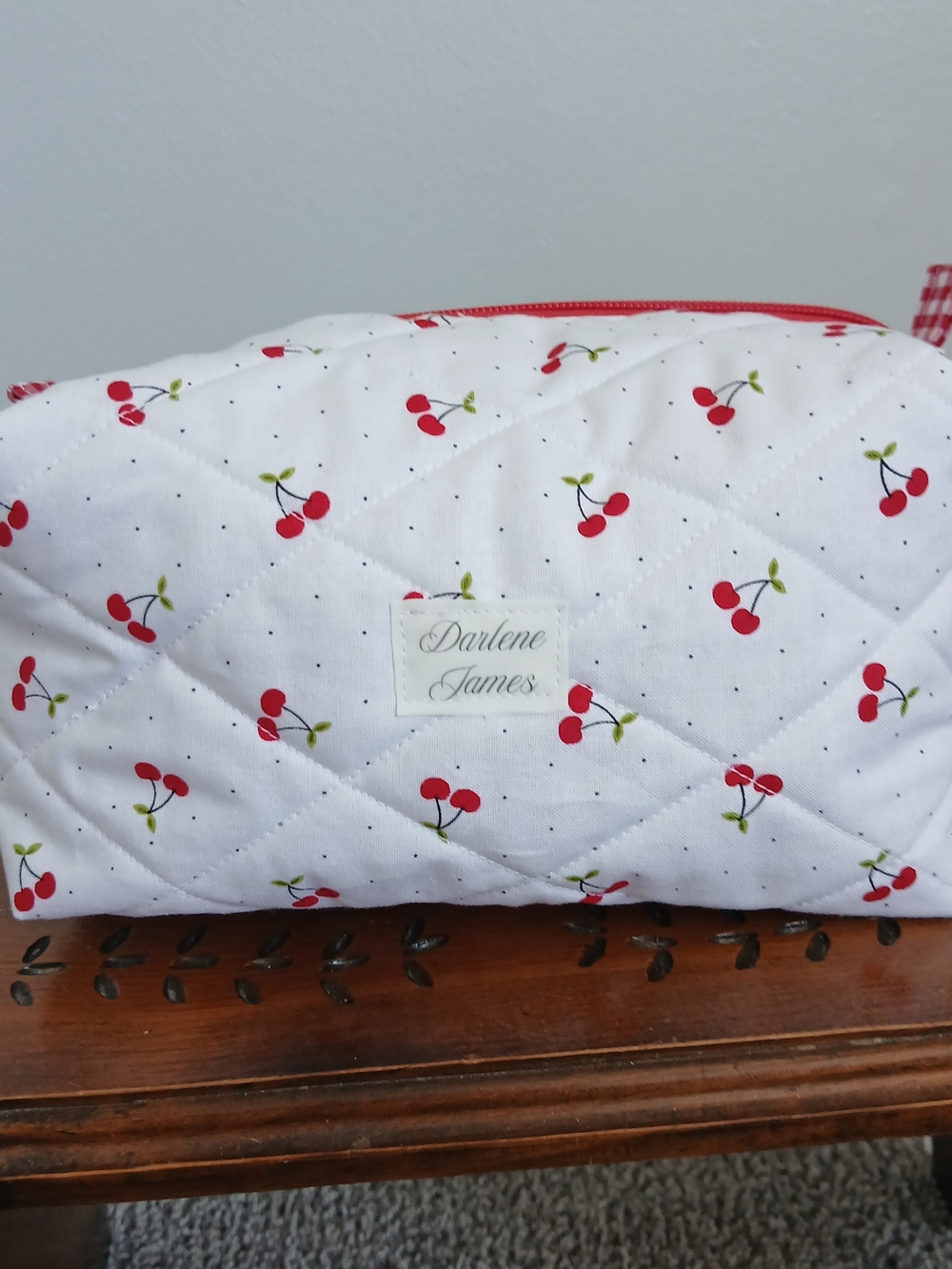 Red Cherry Quilted Cosmetic Pouch - White Background